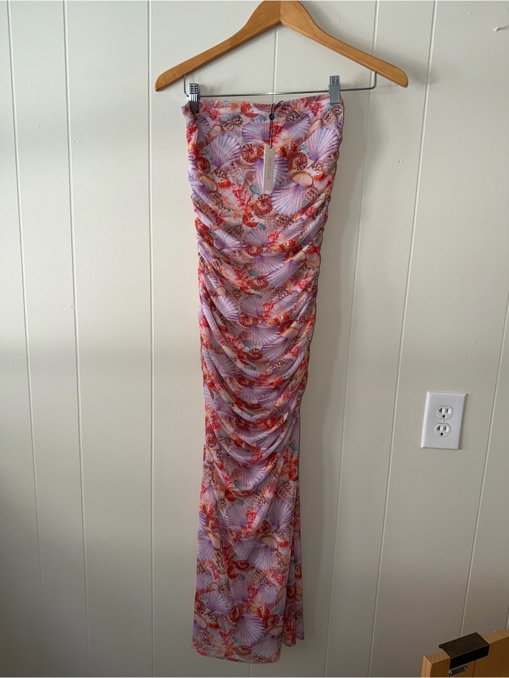 Resa Ruched Shell-Print strapless midi dress